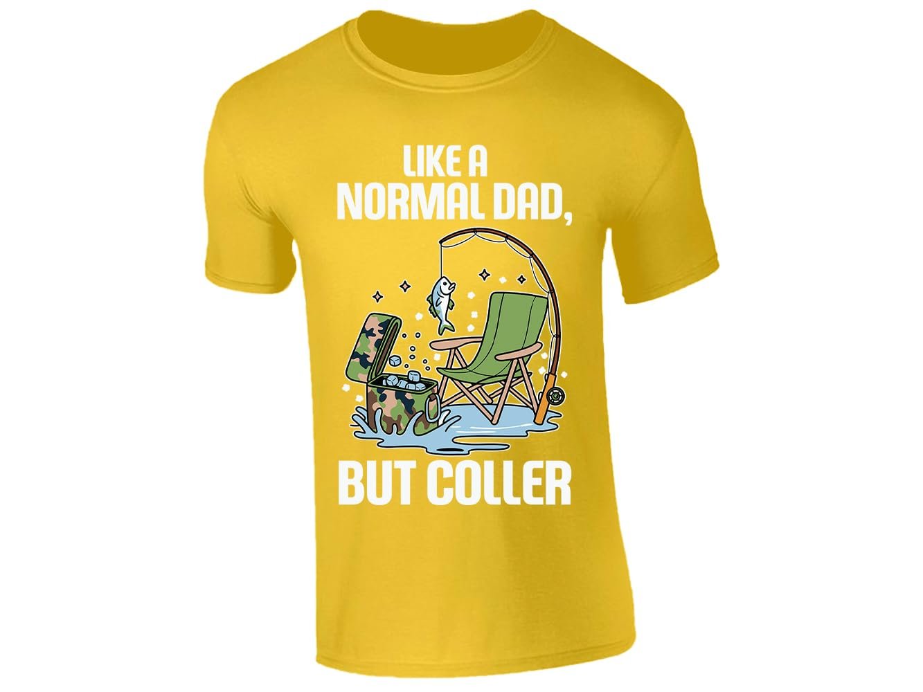 51d1yli5uml.jpg Yellow men's T-shirt with a fishing dad in a camp chair design