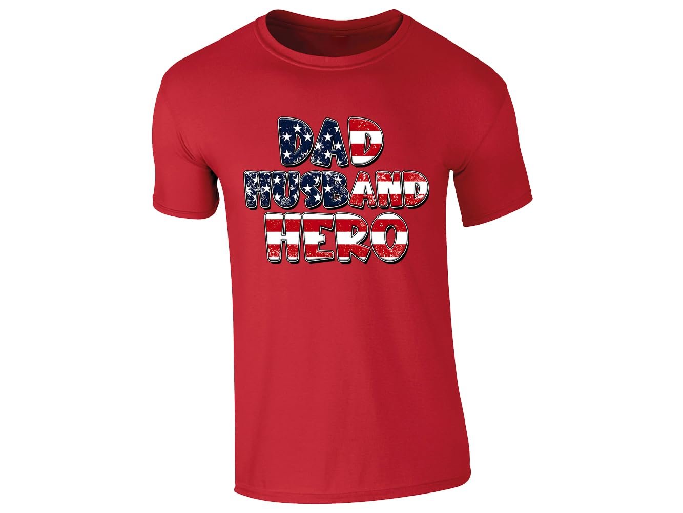 51d4ak9es8l.jpg Red men's T-shirt with “Dad Husband Hero” stars and stripes design
