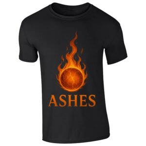Black kids T-shirt with a flaming cricket ball above the word “ASHES”