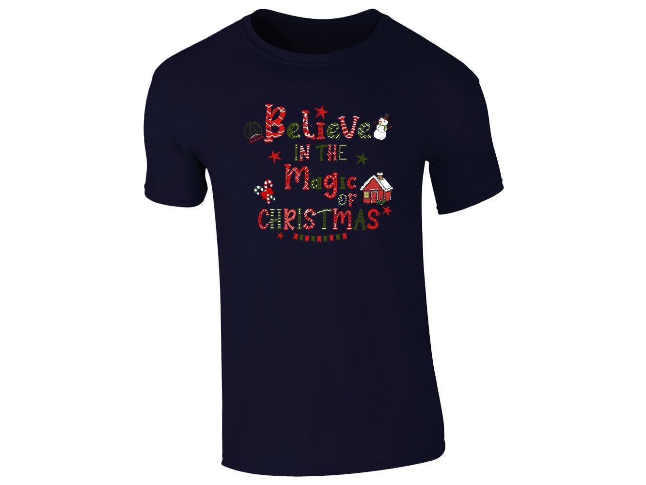 51f3oj5hpol.jpg Navy kids T-shirt with the Believe in the Magic of Christmas snowman design
