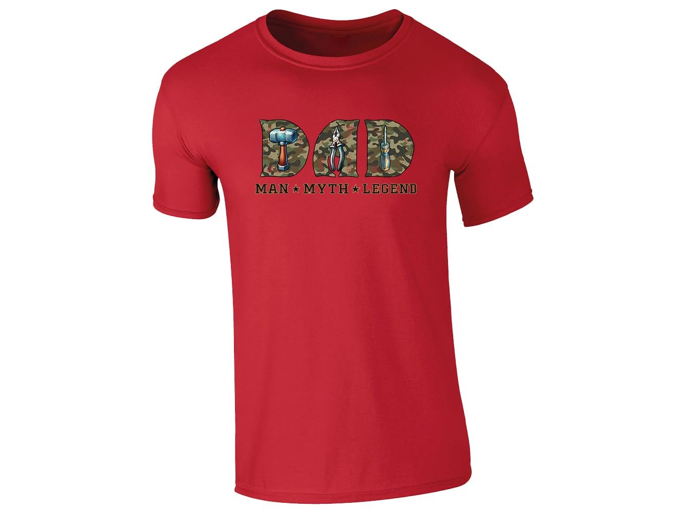 51hxshfsnhl.jpg Red men's T-shirt with “DAD – Man, Myth, Legend” camo tools design
