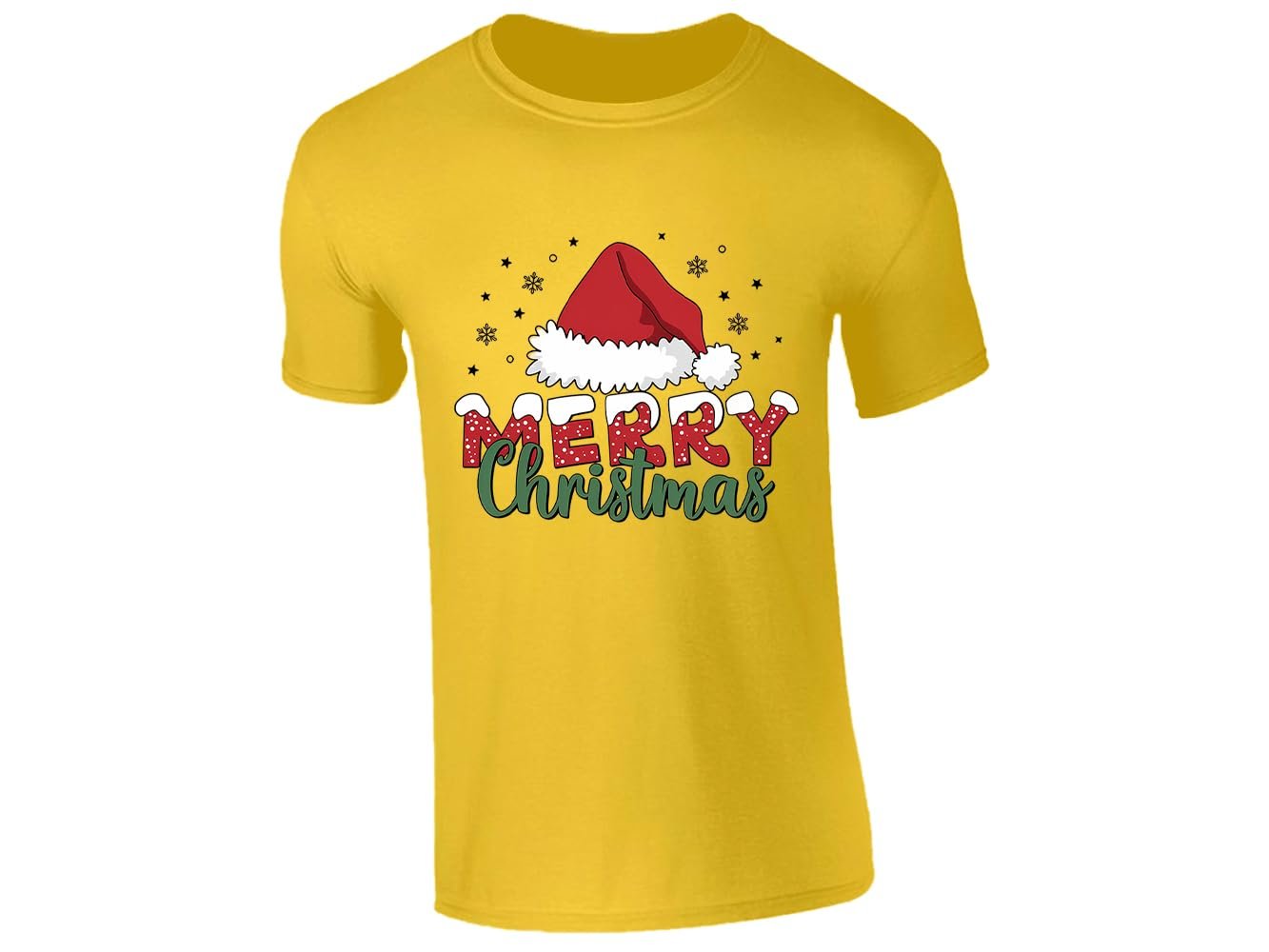 51iqrveaael.jpg Yellow men's T-shirt with “Merry Christmas” Santa hat design