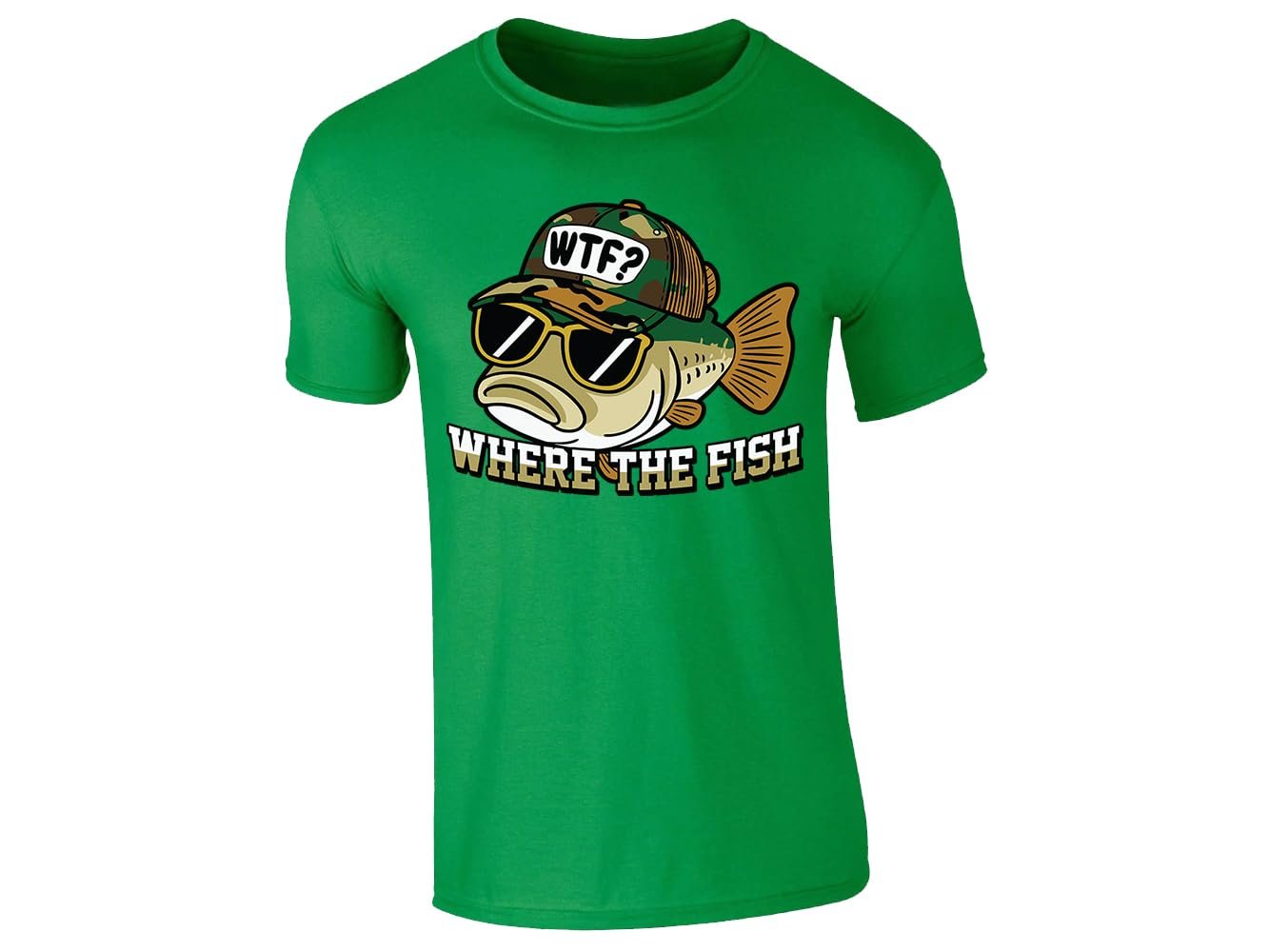 51itb0hgool.jpg Irish Green men's T-shirt with “WTF – Where The Fish” bass in sunglasses design