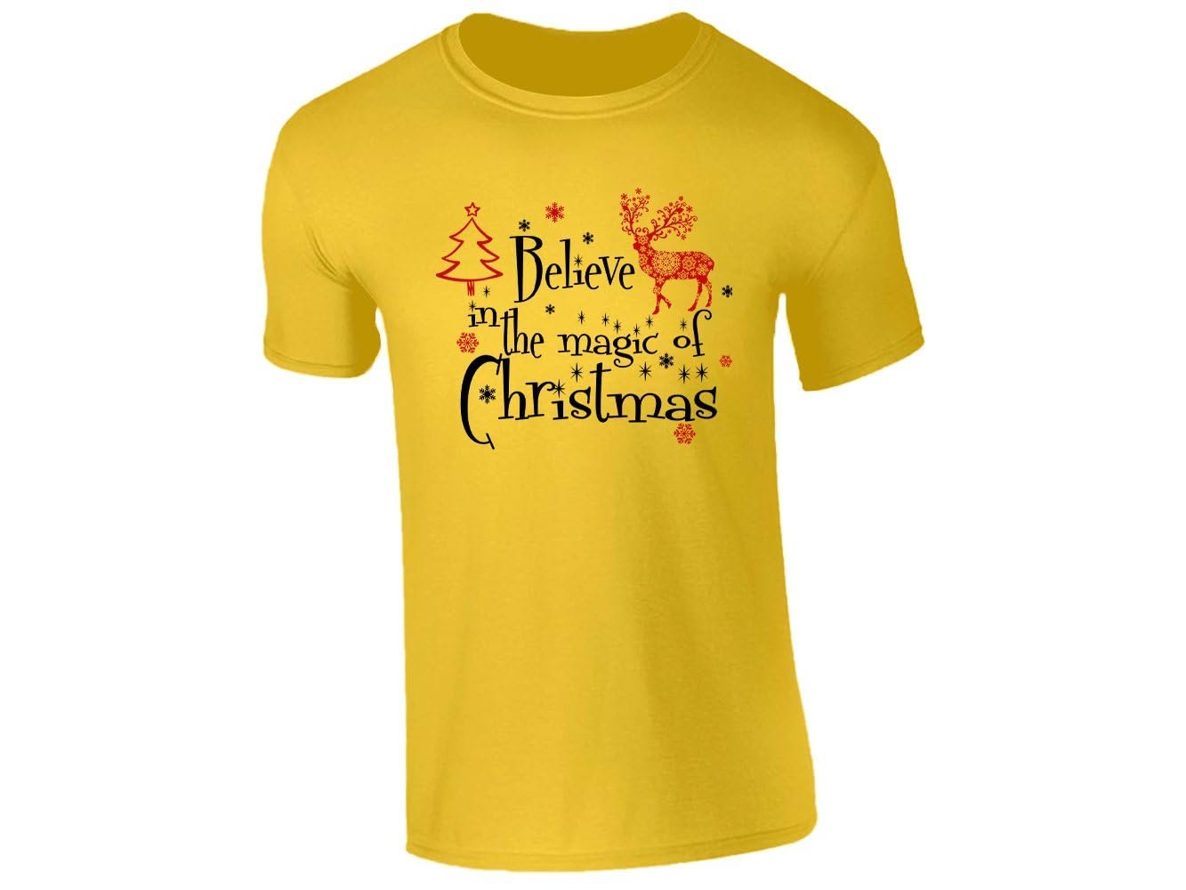 51jhnr0a1sl 7e67a742 baea 494b 9331 49294a843dad.jpg Yellow men's T-shirt with a red reindeer, a Christmas tree and Believe in the Magic of Christmas