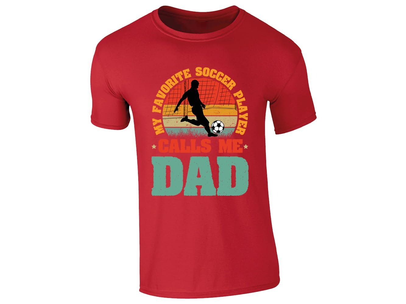 51josgr4w3l.jpg Red men's T-shirt with “My favorite soccer player calls me Dad” retro sunset design