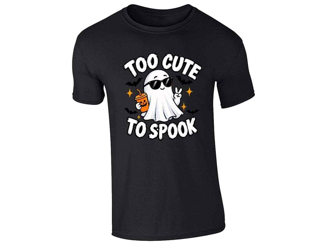 51k4c1aifnl bf18e444 4a05 422d a112 f644345c32ac.jpg Black kids T-shirt with a Too Cute to Spook ghost in sunglasses