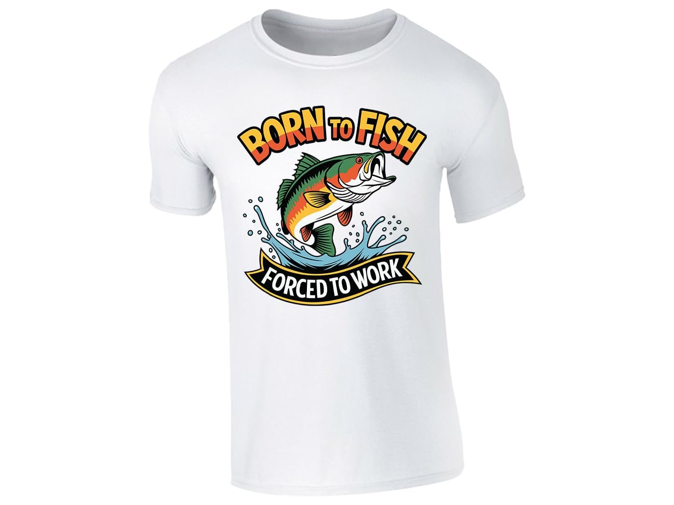 51l2gxxb7wl.jpg White men's T-shirt with “Born to fish, forced to work” leaping bass design