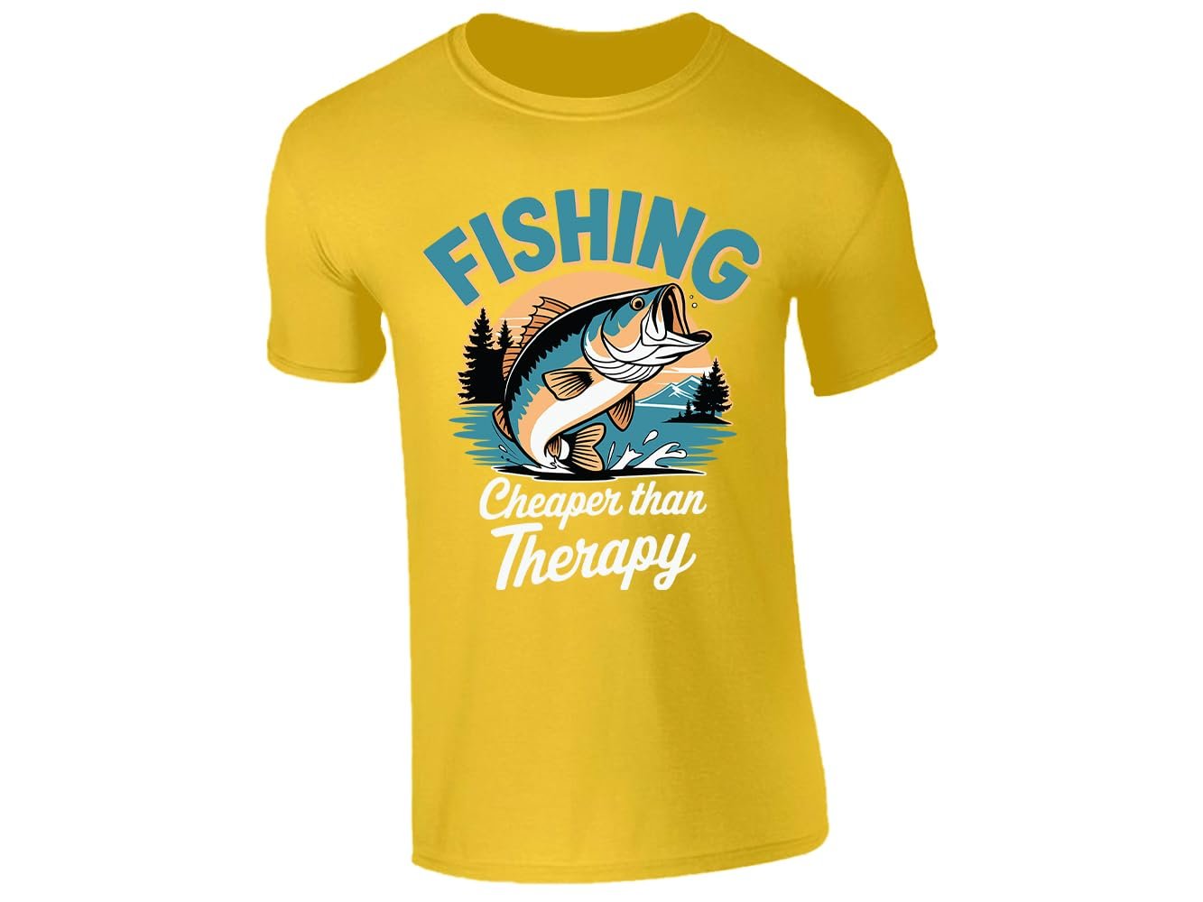 51lavm4eknl.jpg Yellow men's T-shirt with “Fishing – cheaper than therapy” bass design