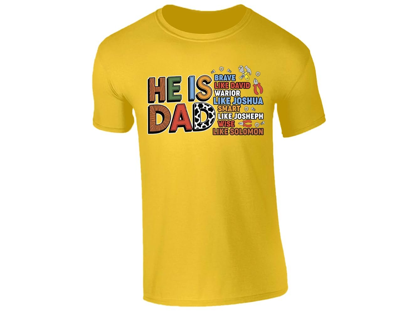51lkz2n2i7l.jpg Yellow men's T-shirt with “He is Dad – brave like David” faith design