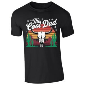 Black men's T-shirt with “The Cool Dad” bull skull desert design