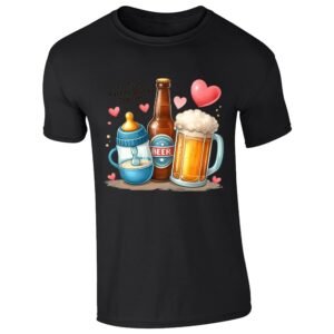 Black men's T-shirt with baby bottle, beer bottle and beer mug “Our first Father’s Day together” design