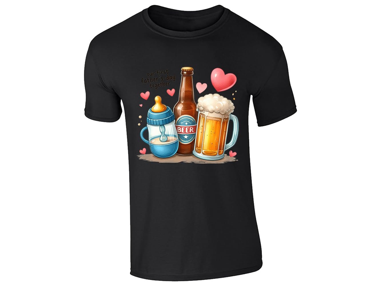 51m7fupxmil.jpg Black men's T-shirt with baby bottle, beer bottle and beer mug “Our first Father’s Day together” design
