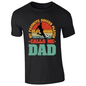 Black men's T-shirt with “My favorite soccer player calls me Dad” retro sunset design