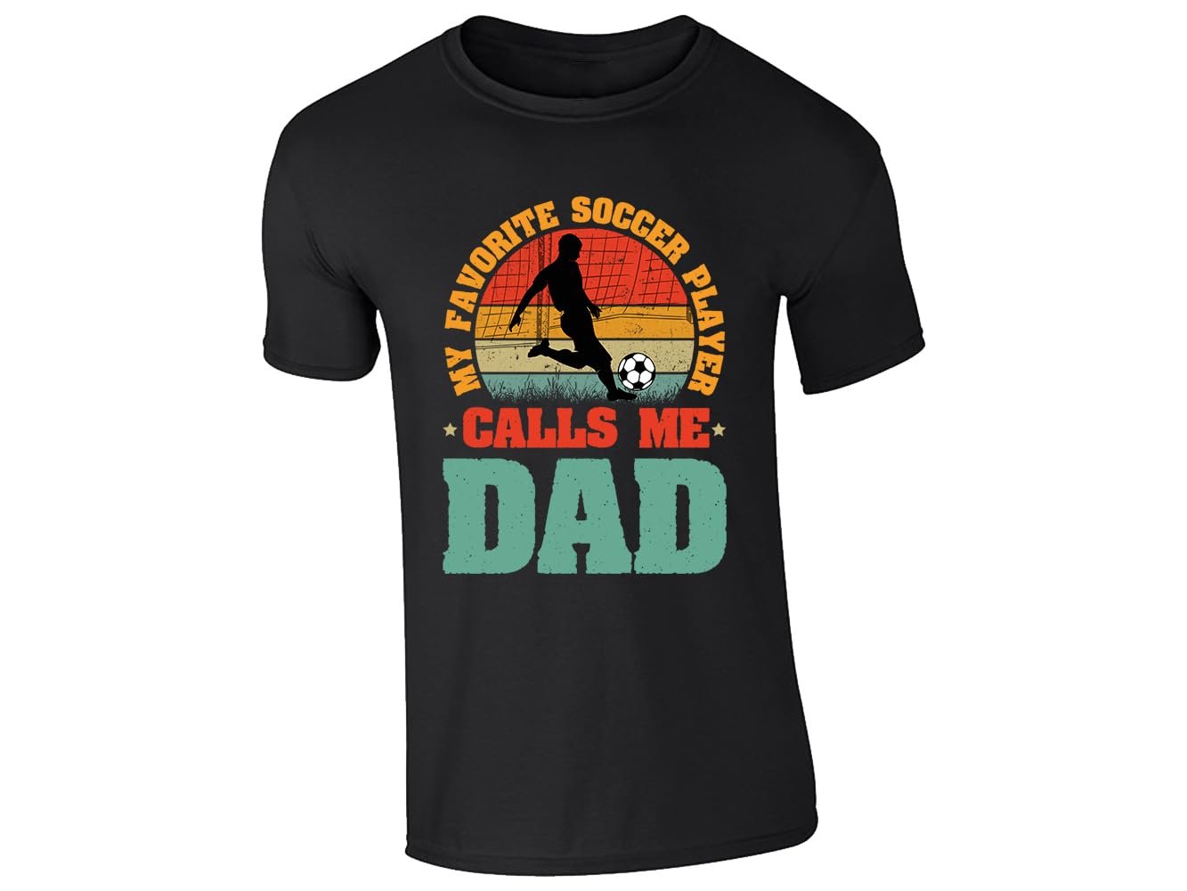 51m9 wfqtbl.jpg Black men's T-shirt with “My favorite soccer player calls me Dad” retro sunset design