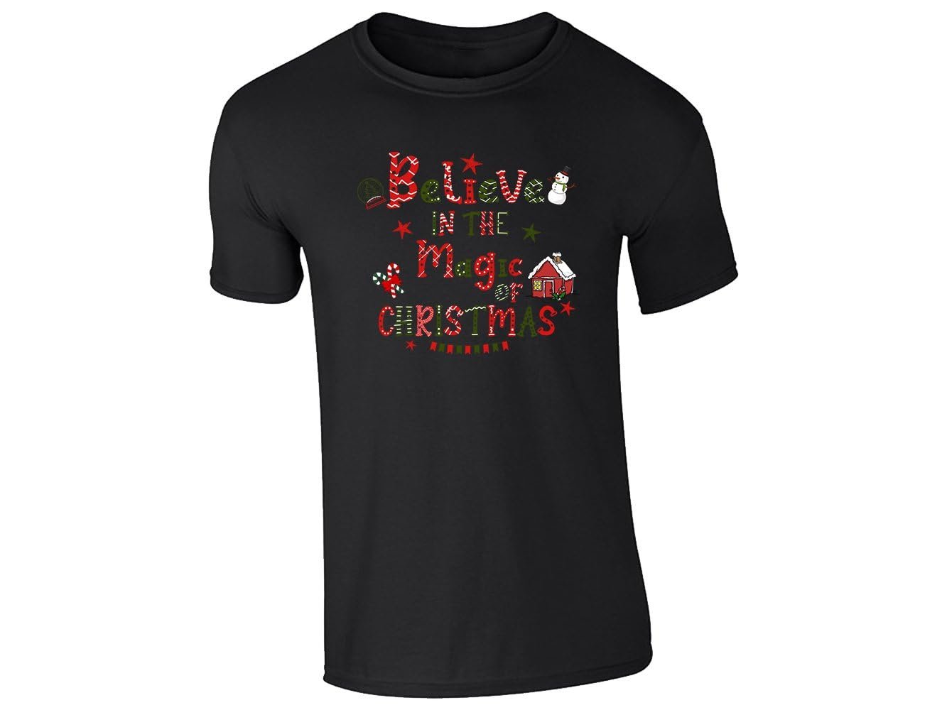 51nq99rqqil.jpg Black kids T-shirt with the Believe in the Magic of Christmas snowman design