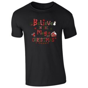 Black men's T-shirt with the Believe in the Magic of Christmas snowman design
