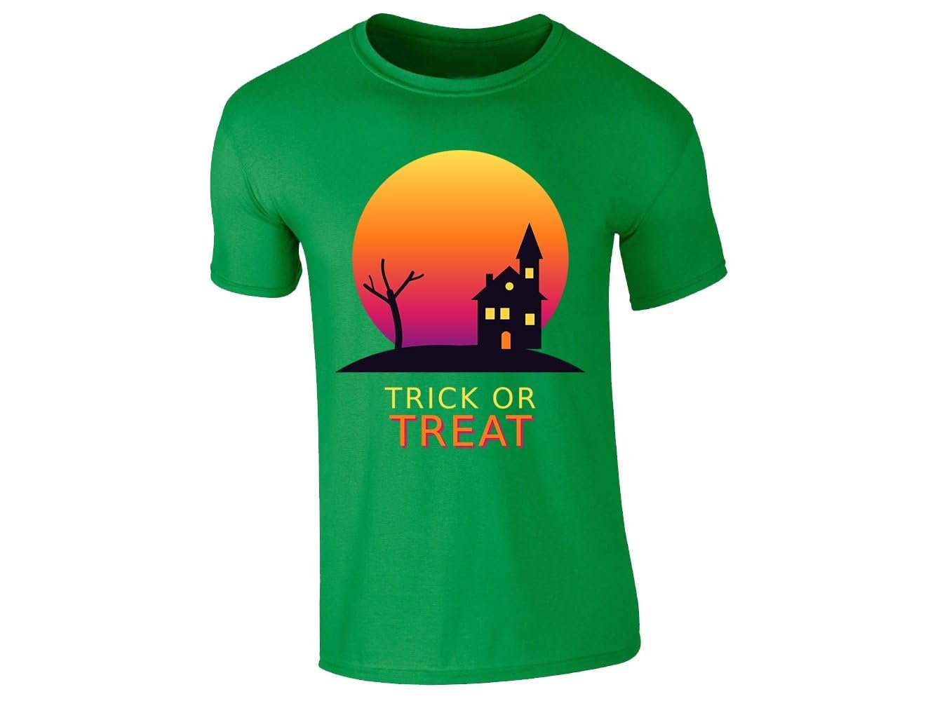 51ndnptvysl de4d0e4a 020f 427c 8a10 a80076e63976.jpg Irish Green kids' T-shirt with “Trick or Treat” haunted house design