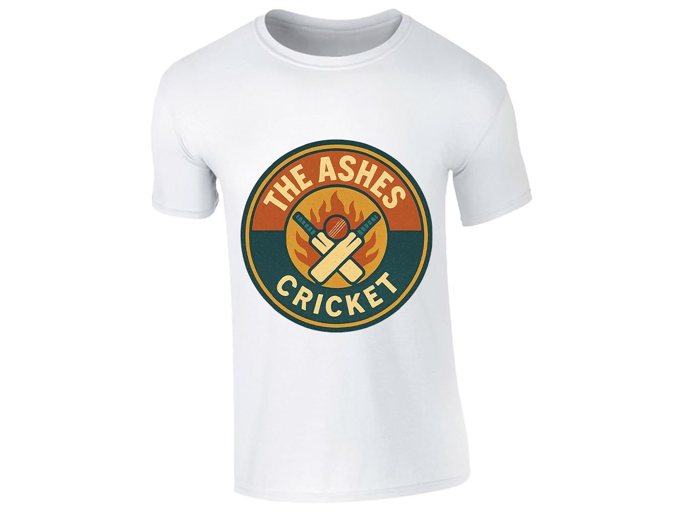 51pxn3d6qxl.jpg White kids T-shirt with a round retro “The Ashes Cricket” badge with crossed bats