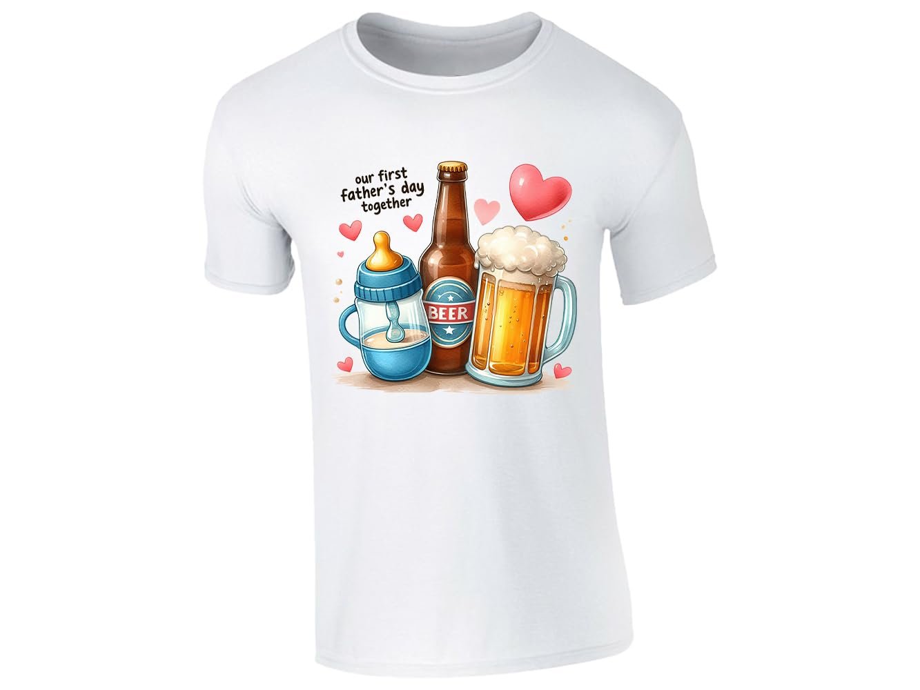 51qqidxicjl.jpg White men's T-shirt with baby bottle, beer bottle and beer mug “Our first Father’s Day together” design