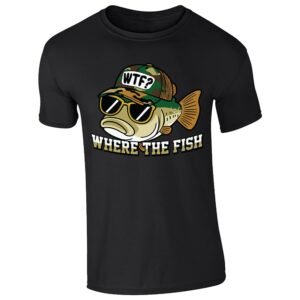 Black men's T-shirt with “WTF – Where The Fish” bass in sunglasses design