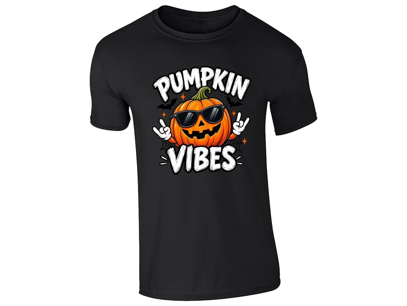 51rftfpf pl ab1bbed1 0fe0 4472 a3e0 3d9058b1d448.jpg Black kids T-shirt with a Pumpkin Vibes jack-o'-lantern in sunglasses