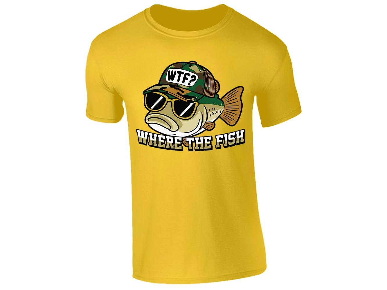 51ur6bmaoql.jpg Yellow men's T-shirt with “WTF – Where The Fish” bass in sunglasses design
