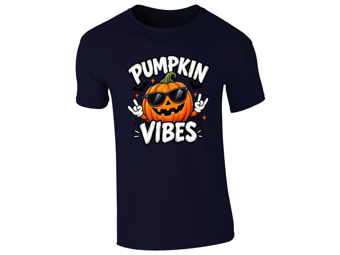 51uslamtwql 5e247085 0418 46f0 ad91 d49baca0a016.jpg Navy kids T-shirt with a Pumpkin Vibes jack-o'-lantern in sunglasses