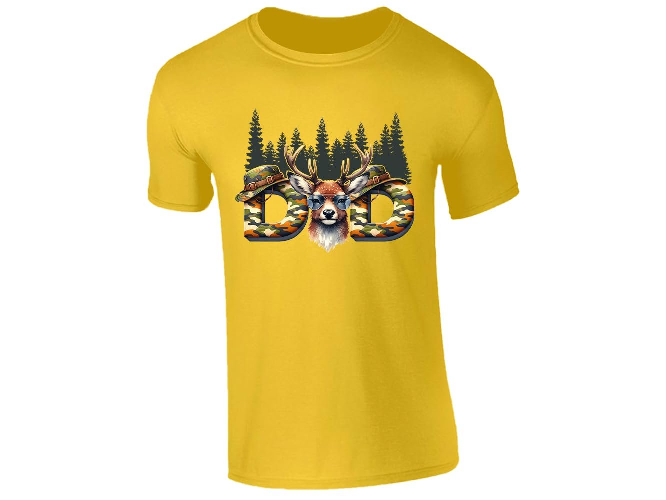 51ucktm27kl.jpg Yellow men's T-shirt with “DAD” deer head camo design