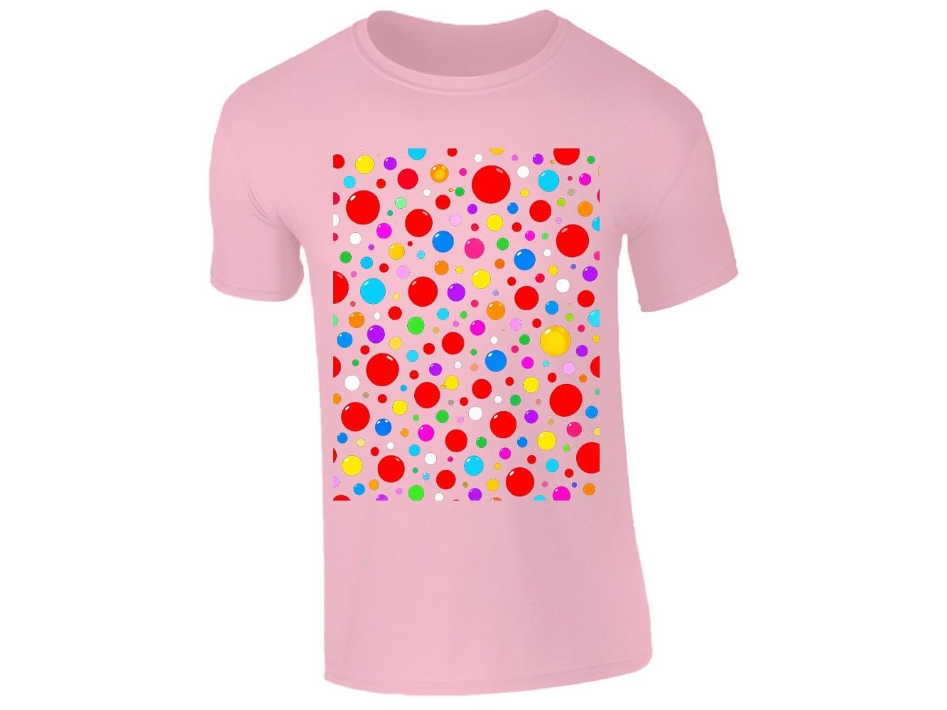 51vbvhusqql.jpg Light pink kids T-shirt with a block of rainbow polka dots