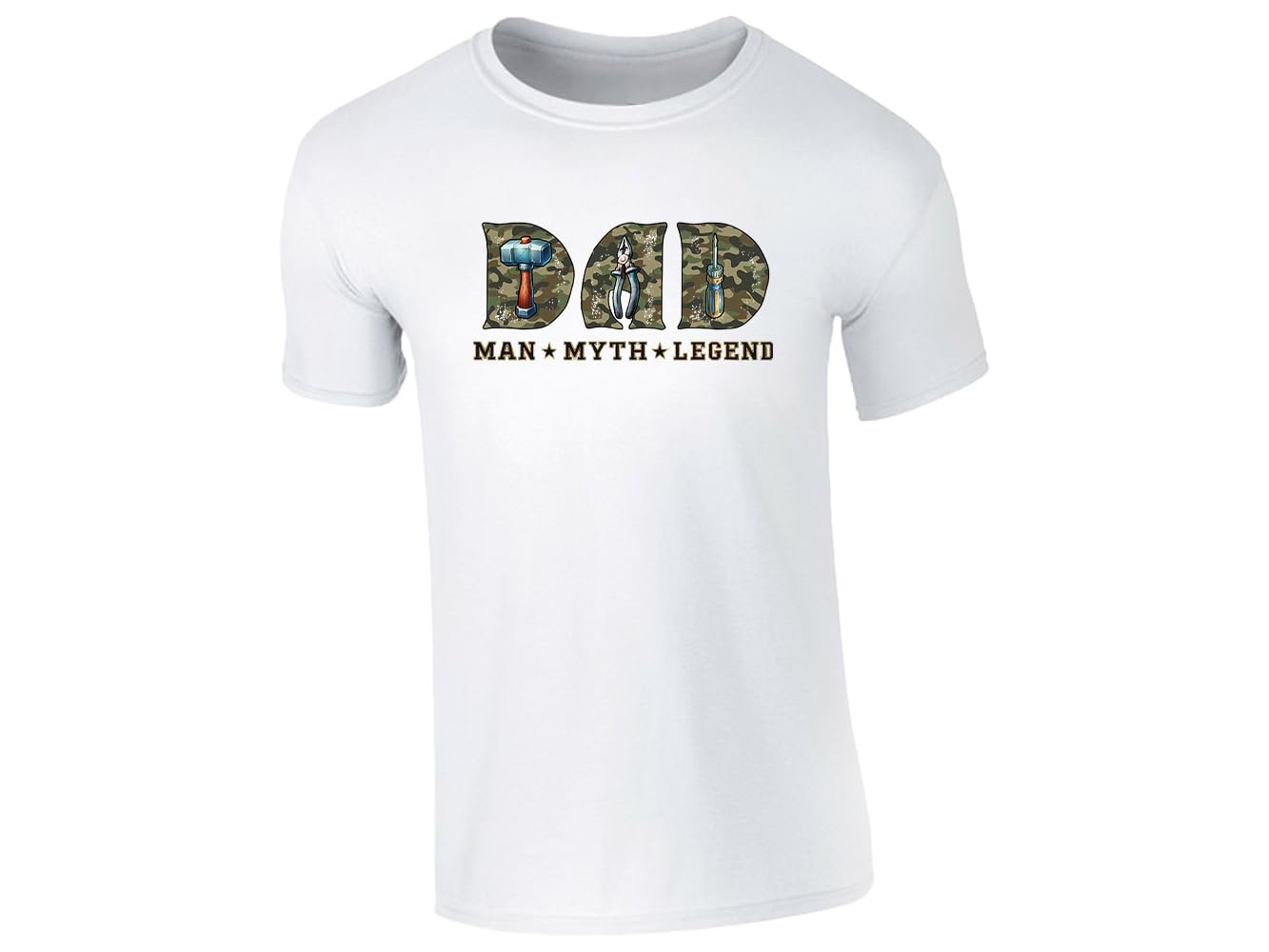 51vj7r8idll.jpg White men's T-shirt with “DAD – Man, Myth, Legend” camo tools design
