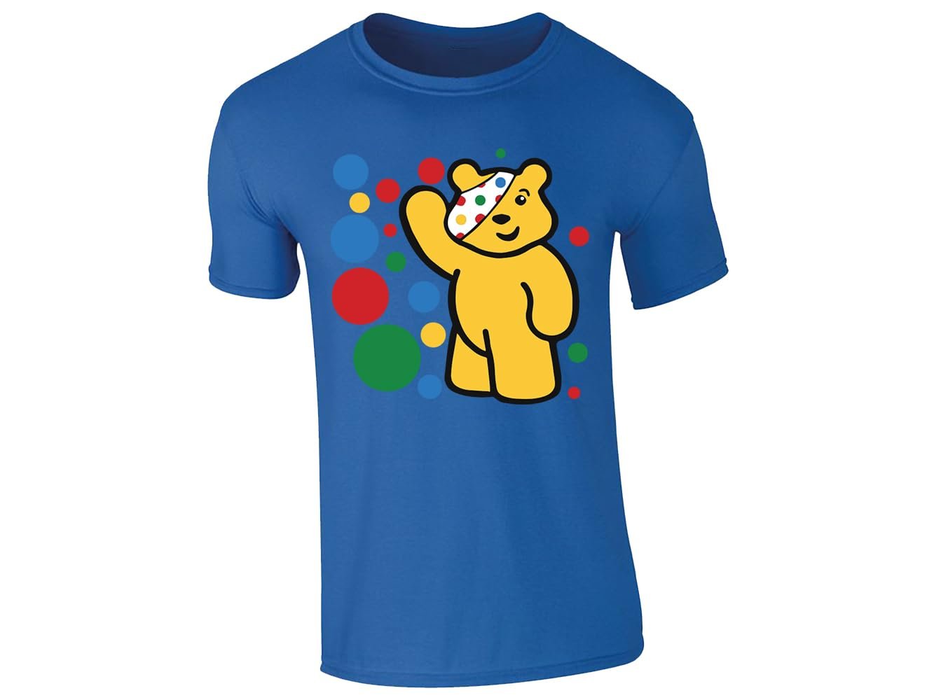 51w agdcyll.jpg Royal Blue kids' T-shirt with waving spotty bear with coloured dots design
