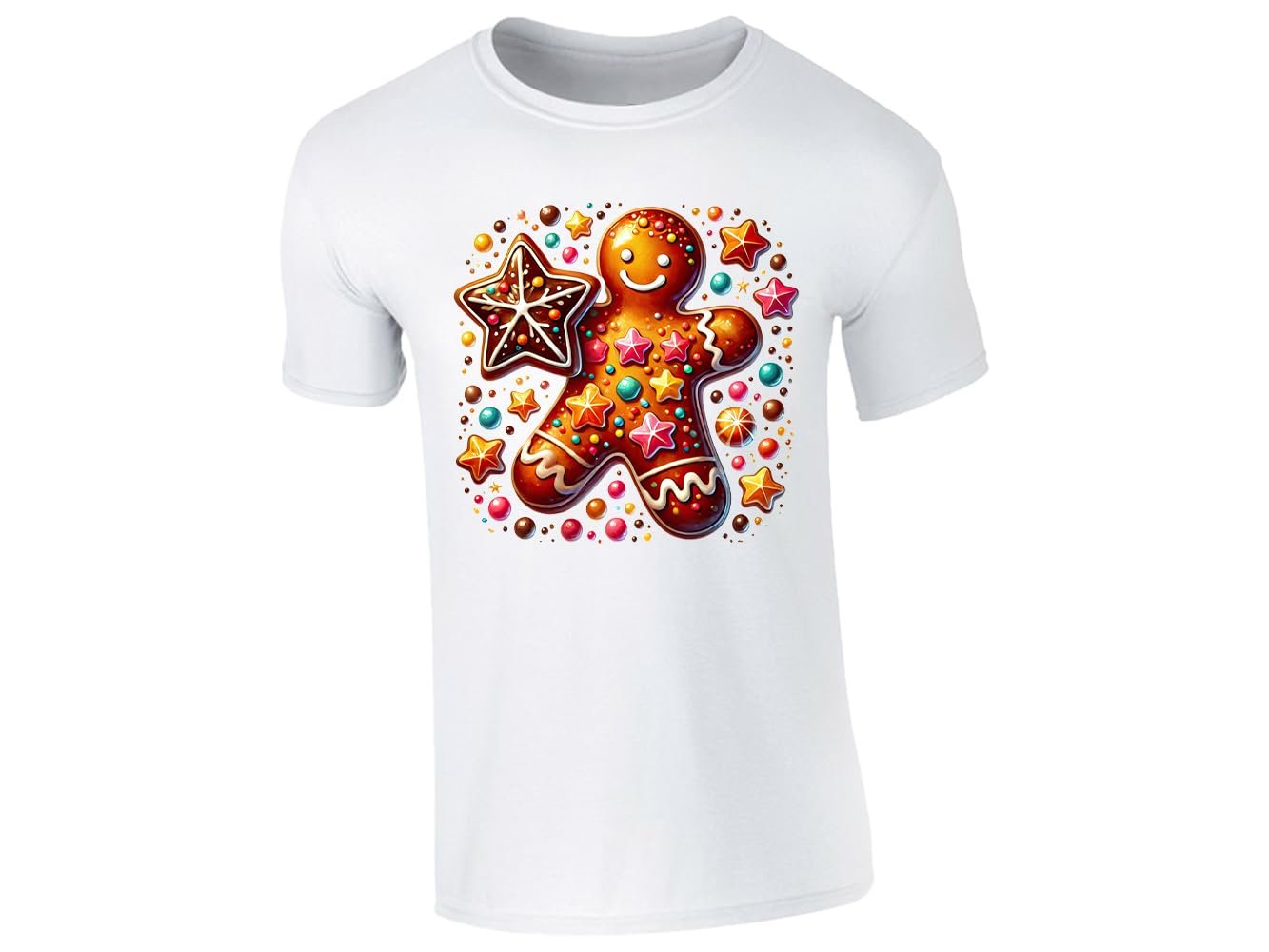 51whajeqwll.jpg White men's T-shirt with gingerbread man and Christmas sweets design