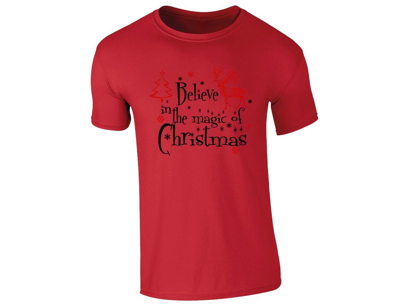51wuhbmo73l 7ba0f36d ed51 4481 a600 96d2c574a3ec.jpg Red men's T-shirt with a red reindeer, a Christmas tree and Believe in the Magic of Christmas