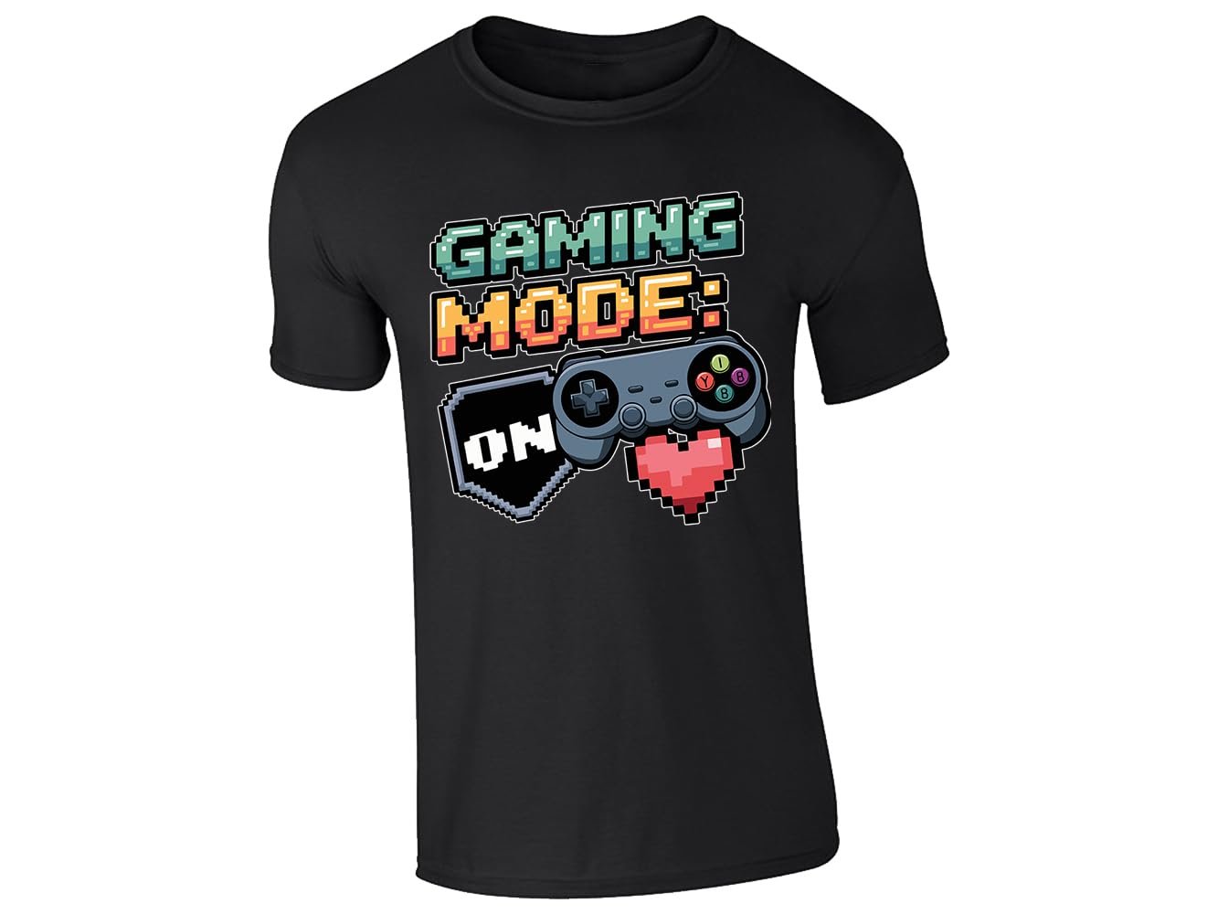 51wvfd9lcml.jpg Black men's T-shirt with “Gaming mode: ON” controller and pixel heart design