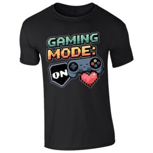 Black kids' T-shirt with “Gaming mode: ON” controller and pixel heart design