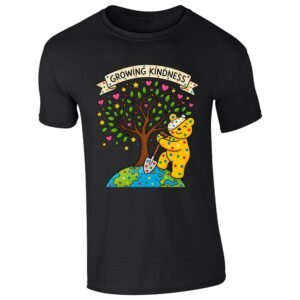 Black kids' T-shirt with “Growing Kindness” spotty bear and heart tree design