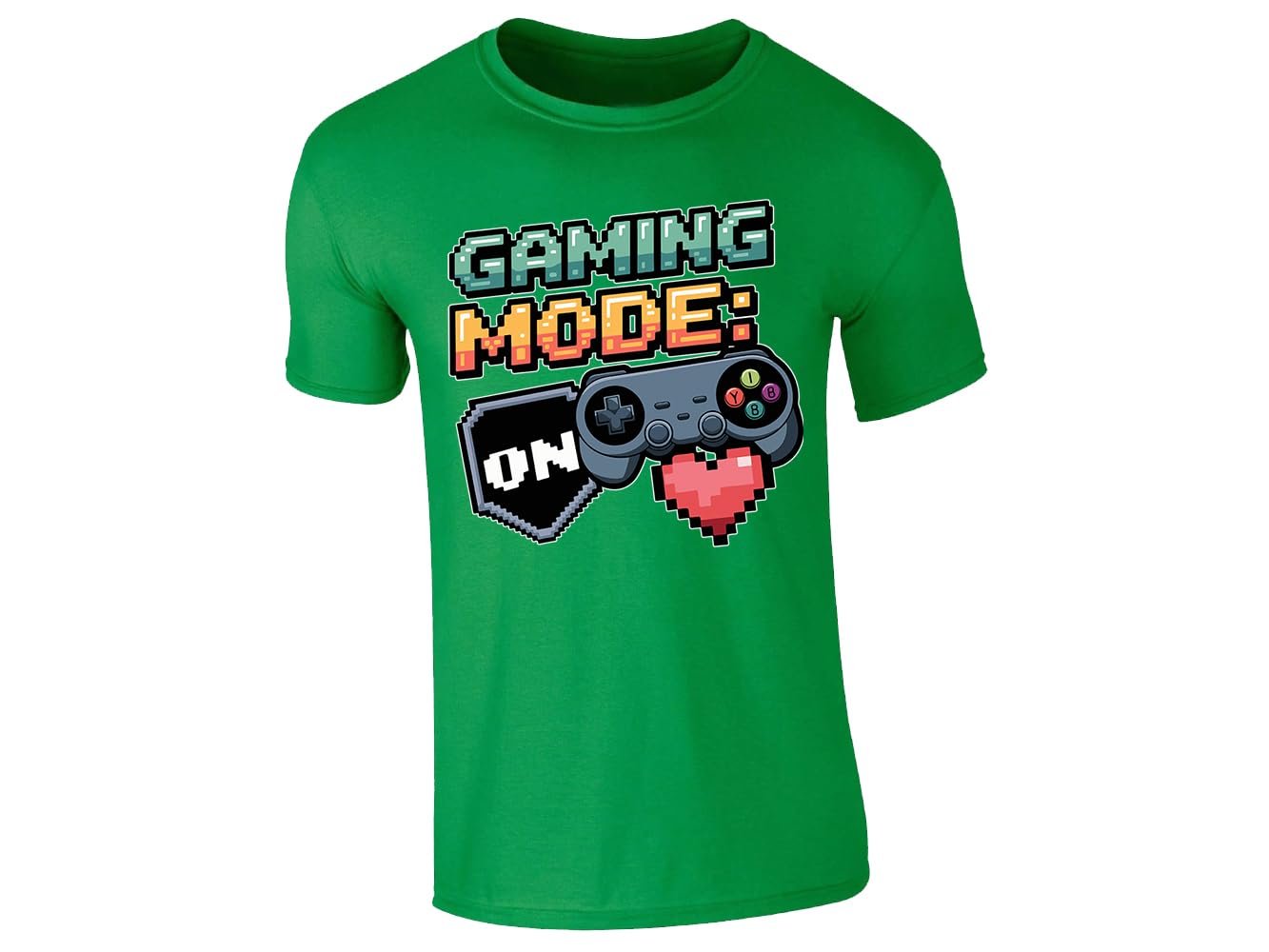 51wnbql3gxl 323f7884 e8ca 45bc 8d67 c9e43cf0f28e.jpg Irish Green kids' T-shirt with “Gaming mode: ON” controller and pixel heart design