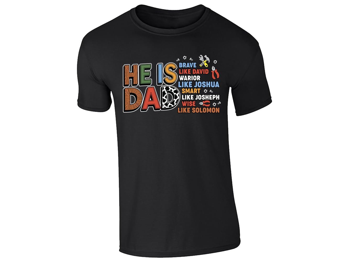 51x08xw7asl.jpg Black men's T-shirt with “He is Dad – brave like David” faith design
