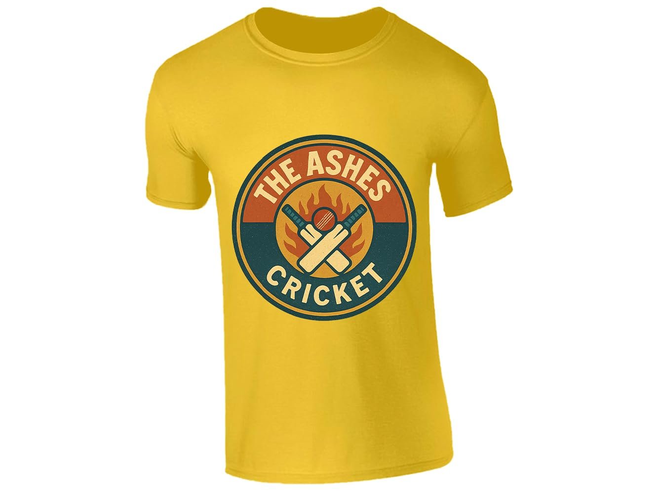51x1vpg8h8l.jpg Yellow kids T-shirt with a round retro “The Ashes Cricket” badge with crossed bats