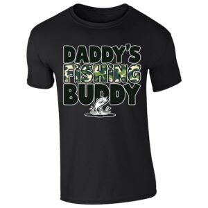 Black men's T-shirt with “Daddy’s fishing buddy” camo design
