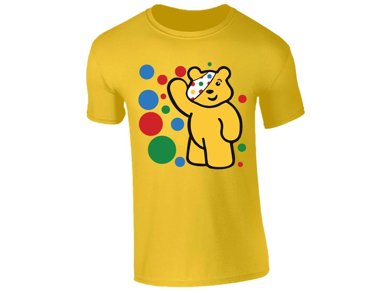 51yuiidxtql.jpg Yellow kids' T-shirt with waving spotty bear with coloured dots design