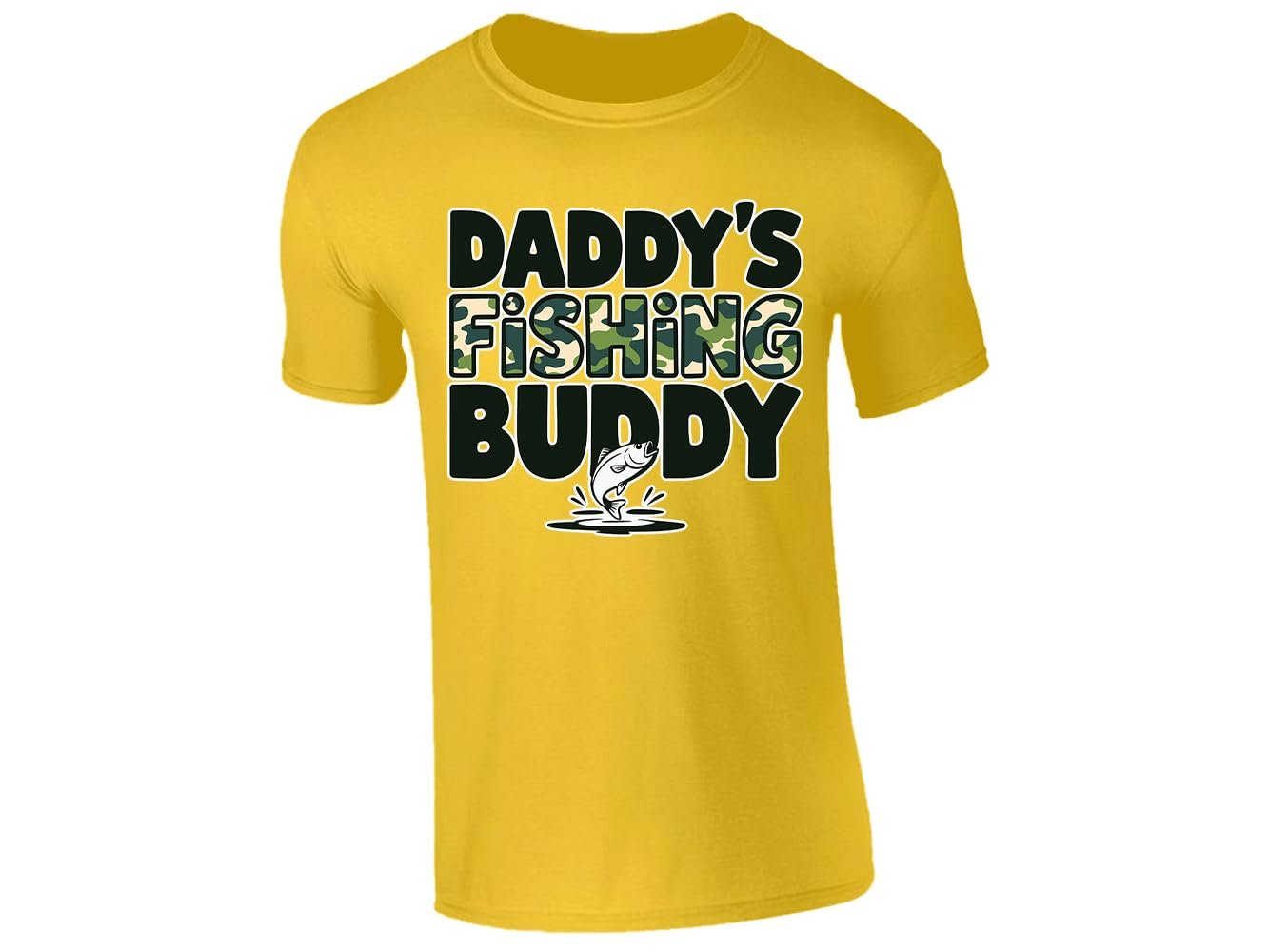 51ybowfuycl.jpg Yellow men's T-shirt with “Daddy’s fishing buddy” camo design
