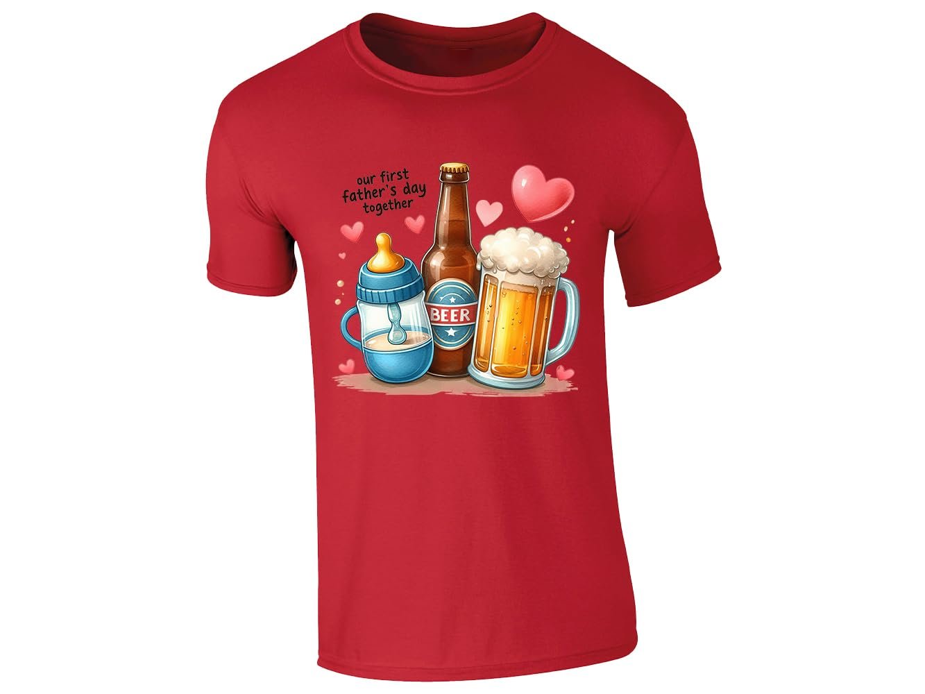 51yl3ilwzsl.jpg Red men's T-shirt with baby bottle, beer bottle and beer mug “Our first Father’s Day together” design