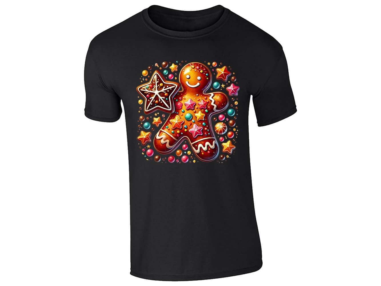 51ymoucv0ml 709f8dbd 2d53 41c3 b9bb 291e04ef2a38.jpg Black kids' T-shirt with gingerbread man and Christmas sweets design