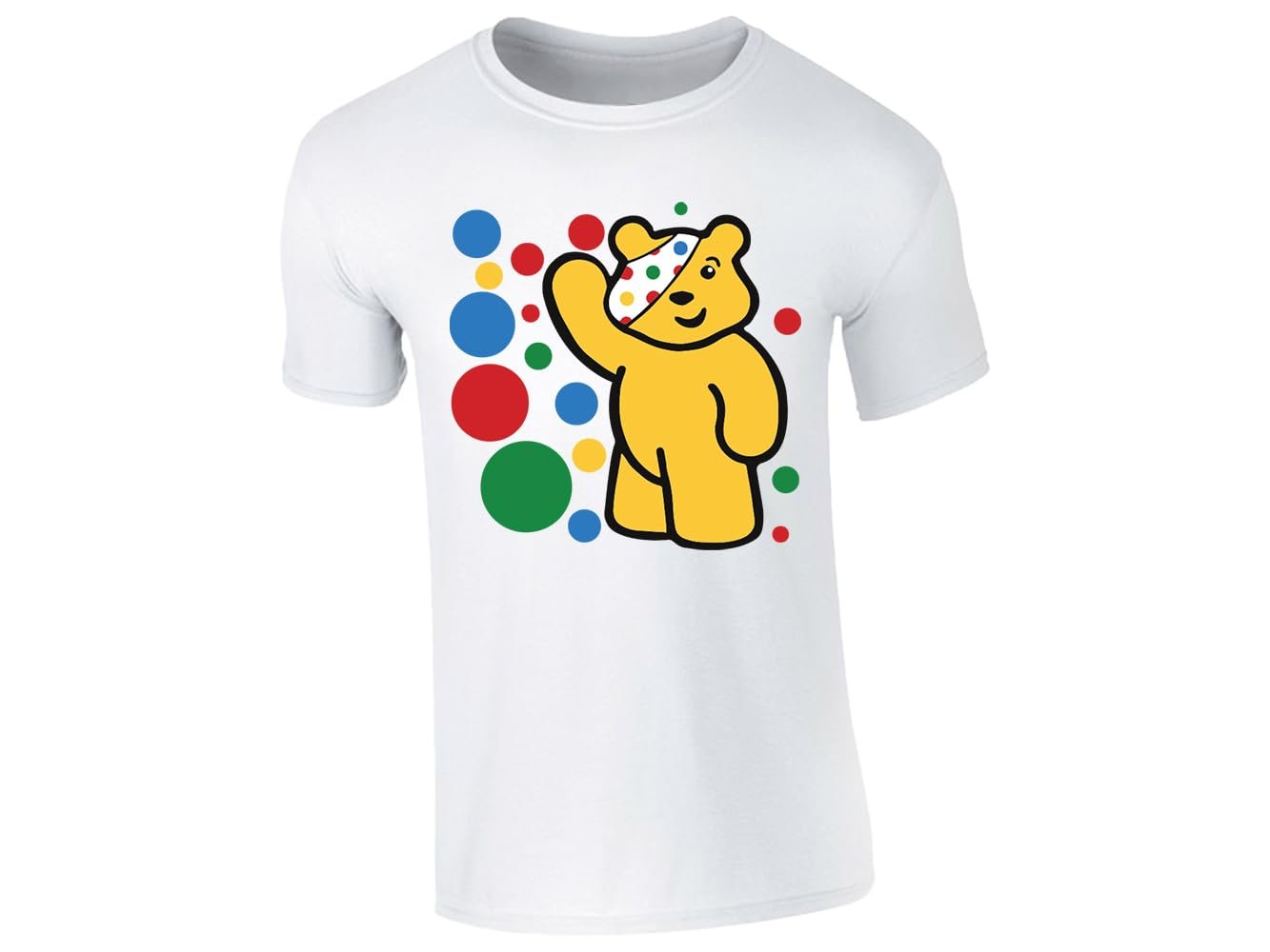 51ypxbfcj9l.jpg White kids' T-shirt with waving spotty bear with coloured dots design