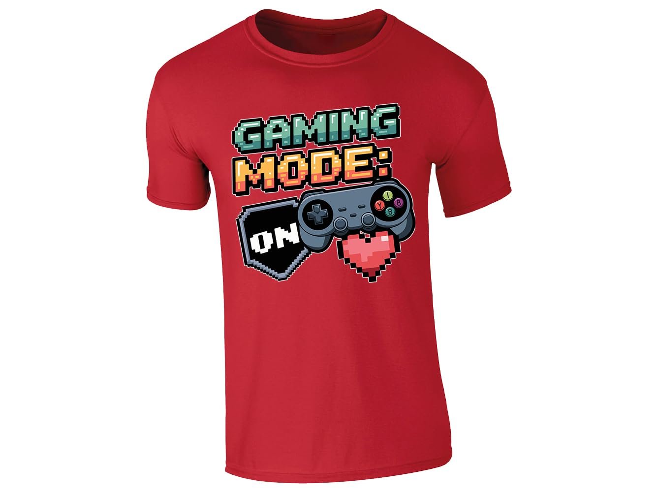 51ze7siefxl.jpg Red men's T-shirt with “Gaming mode: ON” controller and pixel heart design
