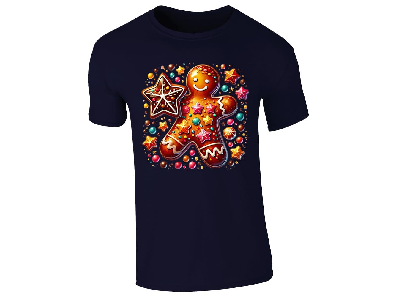 51zrusji71l.jpg Navy men's T-shirt with gingerbread man and Christmas sweets design