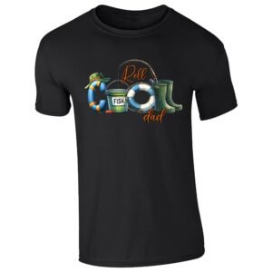 Black men's T-shirt with “Reel Cool Dad” fishing kit design