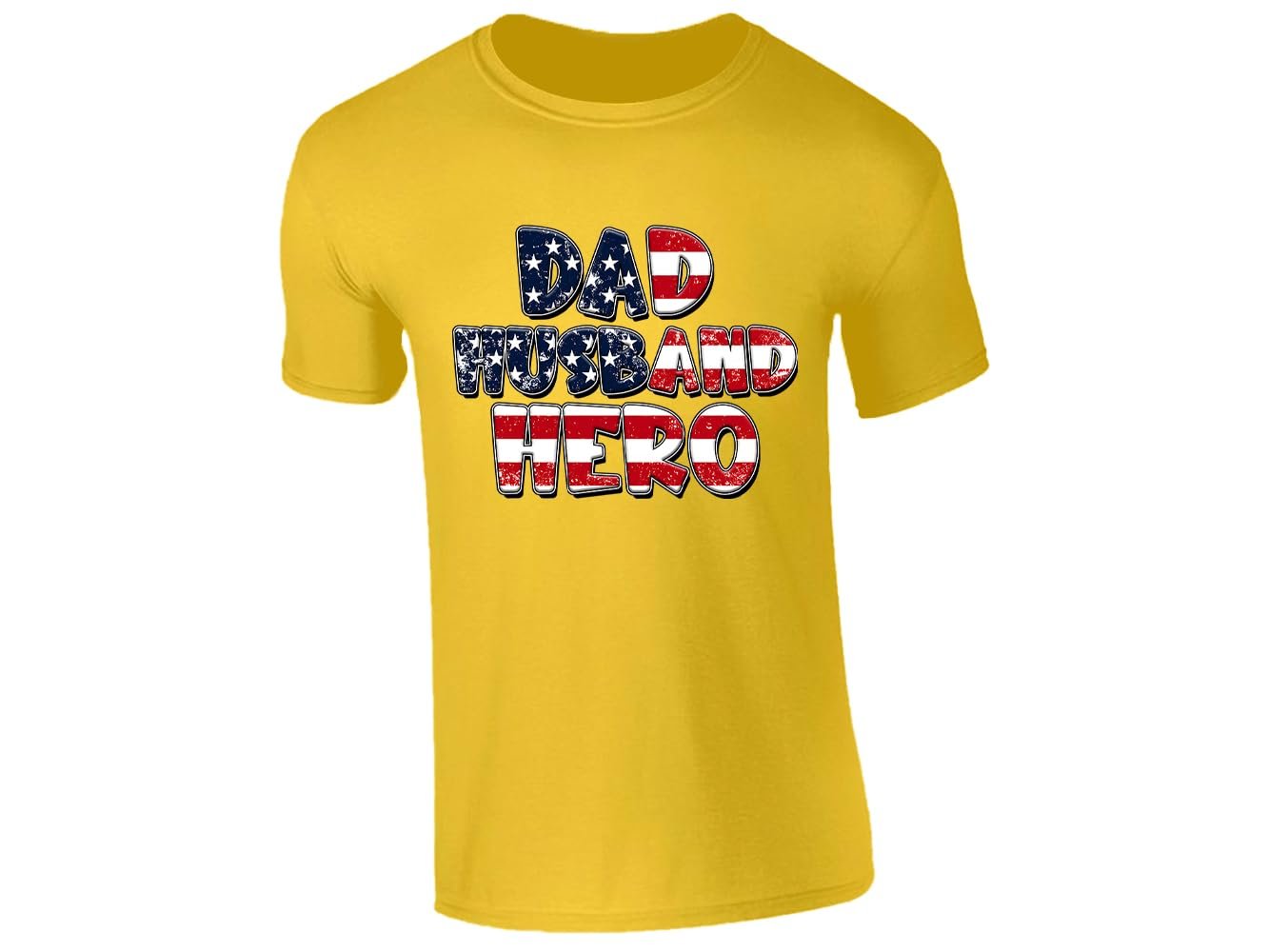 51a16ioyxrl.jpg Yellow men's T-shirt with “Dad Husband Hero” stars and stripes design