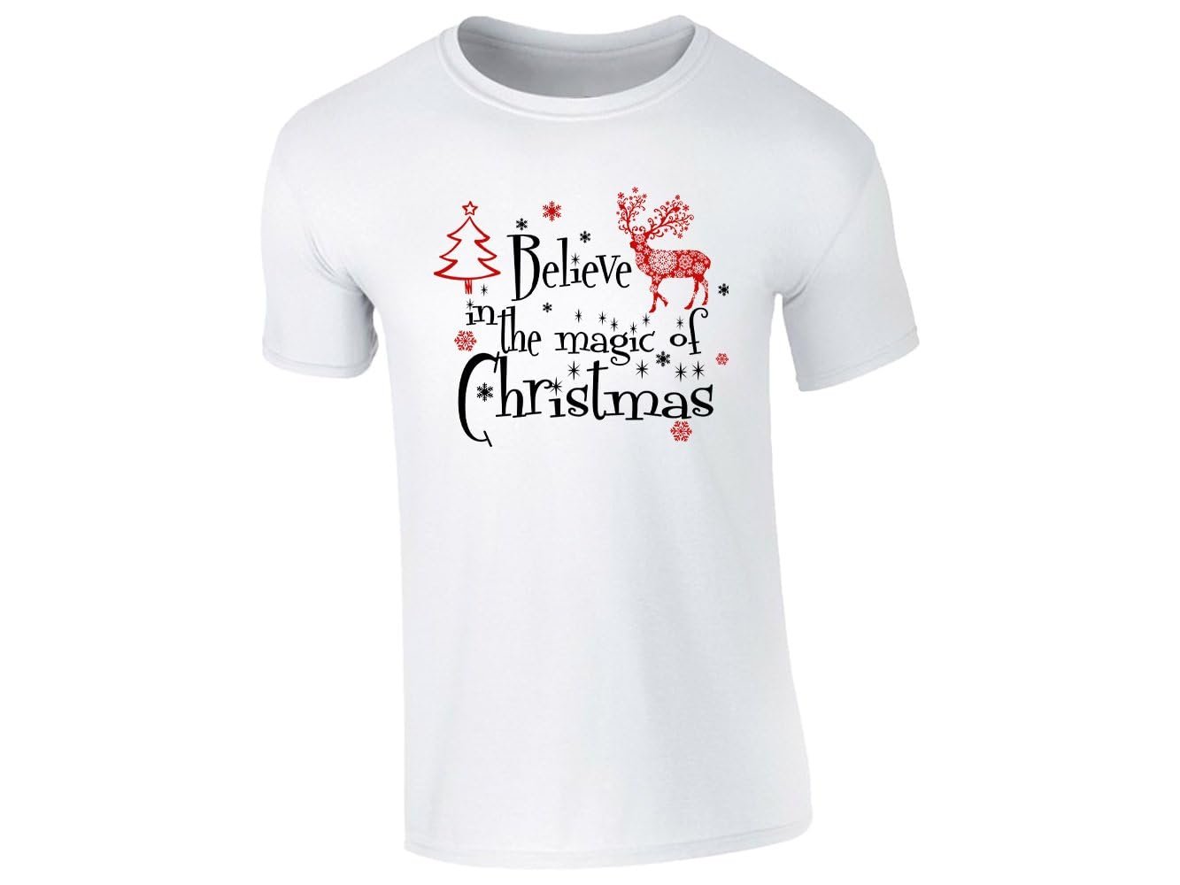 51a3bvgat l c63f1e1d e780 4dbc a4fd 44df8fb1e636.jpg White men's T-shirt with a red reindeer, a Christmas tree and Believe in the Magic of Christmas